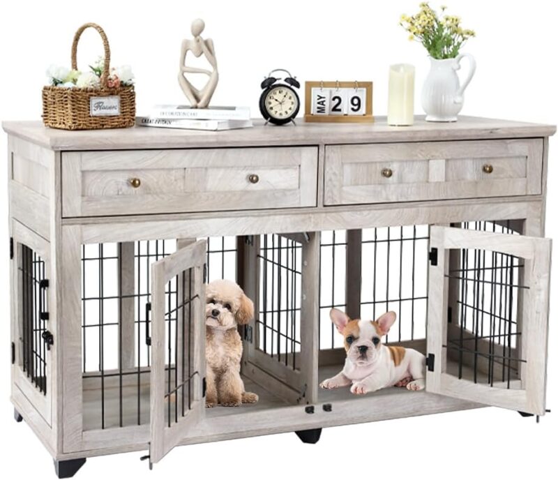 Dog Crate Furniture with Drawer,5 Doors Wooden Dog Kennel End Table with Large Capacity Drawers,Dog House with Openable Divider for Small/Medium/Large Dog,Dog Cage,Side End Table Grey
