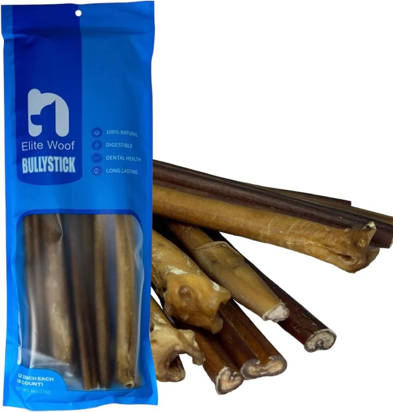 12 Inch Bully Sticks All-Natural 100% Beef, Organic, Grain-Free, Durable and Long-Lasting Chews for Medium & Large Dogs High Protein Supports Dental Health Pet Food(12 Inch, 6 Pack)