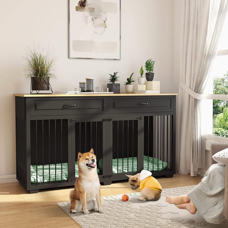 Dog Crate Furniture, 72.4” Wooden Dog Kennel, Modern Decorative Dog Crate End Table, Dog House with Double Doors, Drawers, Divider, Indoor Dog Cage for Large Medium Dogs, Black - Image 2