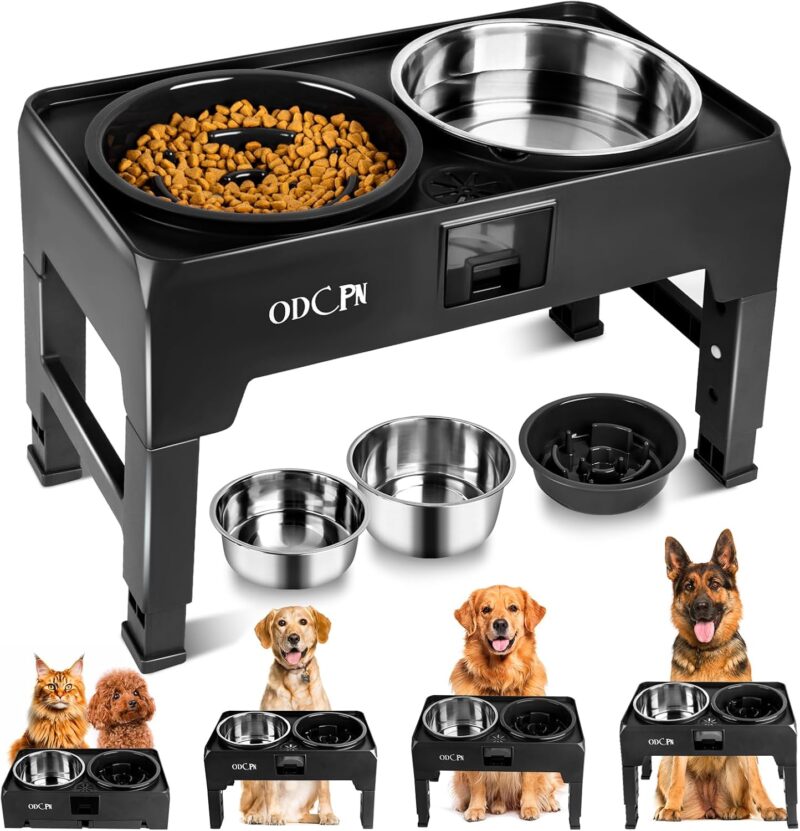 Elevated Slow Feeder Dog Bowls, 6 Height Adjustable Raised Dog Bowls with 2 Stainless Steel & 1 Slow Feeder Dog Food Bowls, Non-Slip Dog Food Stand with Catchment Drawer Design for Large Medium Dogs