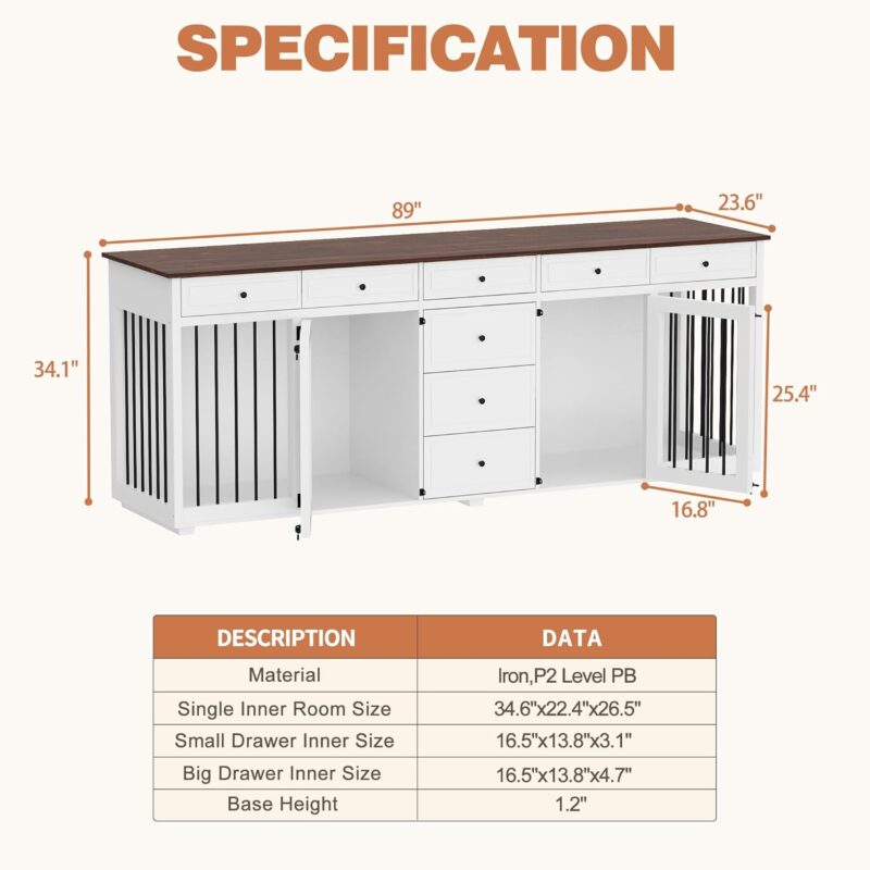 Large Double Dog Crate Furniture, 89" Wooden Dog Crate Kennel Furniture with 8 Drawers, XXL Heavy Duty Dog Crates Cage Furniture for 2 Medium or Large Dogs Indoor, White - Image 2