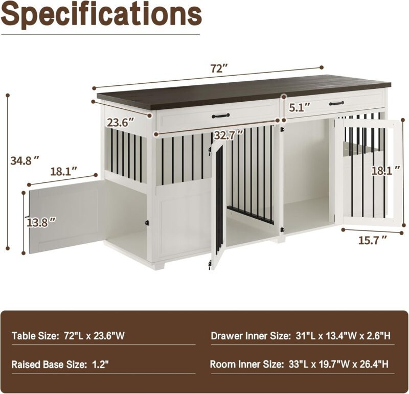 Dog Crate Furniture - Indoor Wood Dog Kennel Furniture 4 Doors with Divider and Drawers - 72"X23.6"X34.8"H, White - Image 2