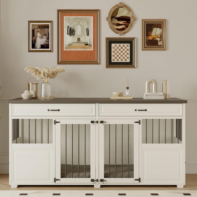 Dog Crate Furniture - Indoor Wood Dog Kennel Furniture 4 Doors with Divider and Drawers - 72"X23.6"X34.8"H, White