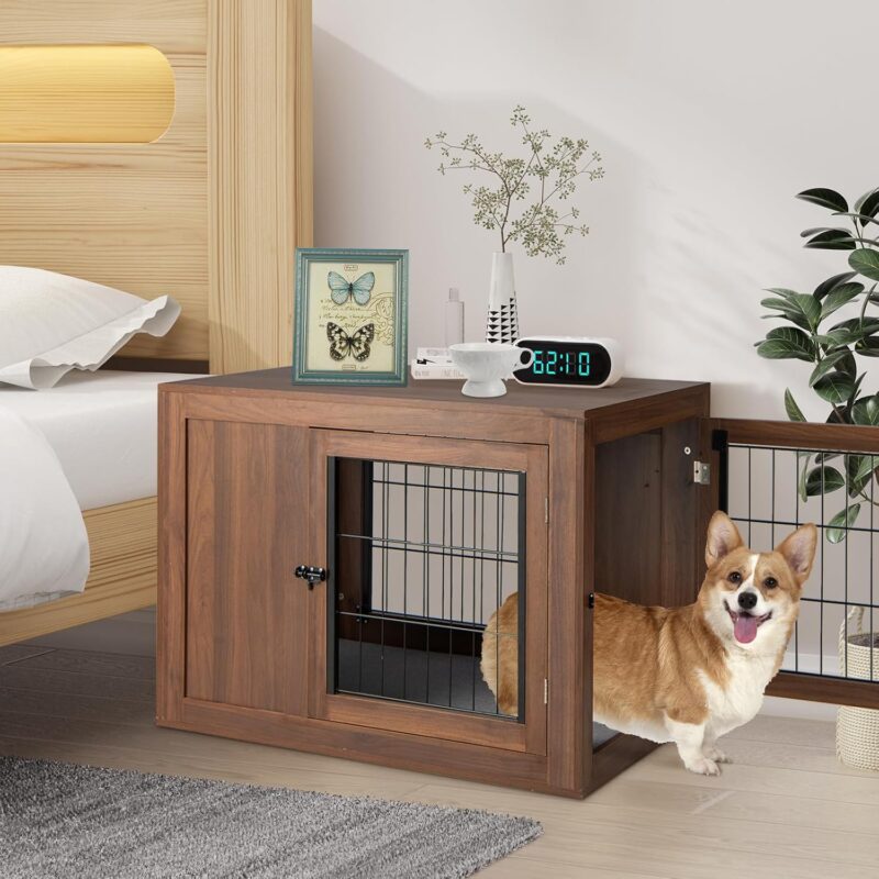 Tangkula Dog Crate Furniture, Pet Crate End Table with Cushion, Double Doors, Mesh, Indoor Dog Cage House, Wooden Dog Kennel for Small to Medium Sized Dogs (Brown) - Image 2