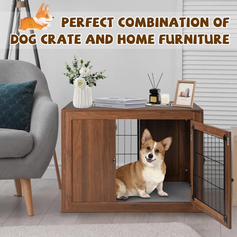 Tangkula Dog Crate Furniture, Pet Crate End Table with Cushion, Double Doors, Mesh, Indoor Dog Cage House, Wooden Dog Kennel for Small to Medium Sized Dogs (Brown) - Image 3