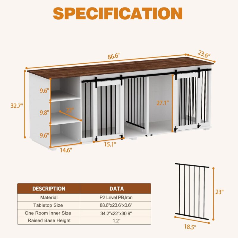 Large Dog Crate Furniture, 86.6" Wooden Dog Kennel for 2 Dogs with Shelves,Divider & Slidding Door, Indoor Heavy Duty Furniture Style Dog House w/Double Rooms for Large Medium Dogs, White - Image 4