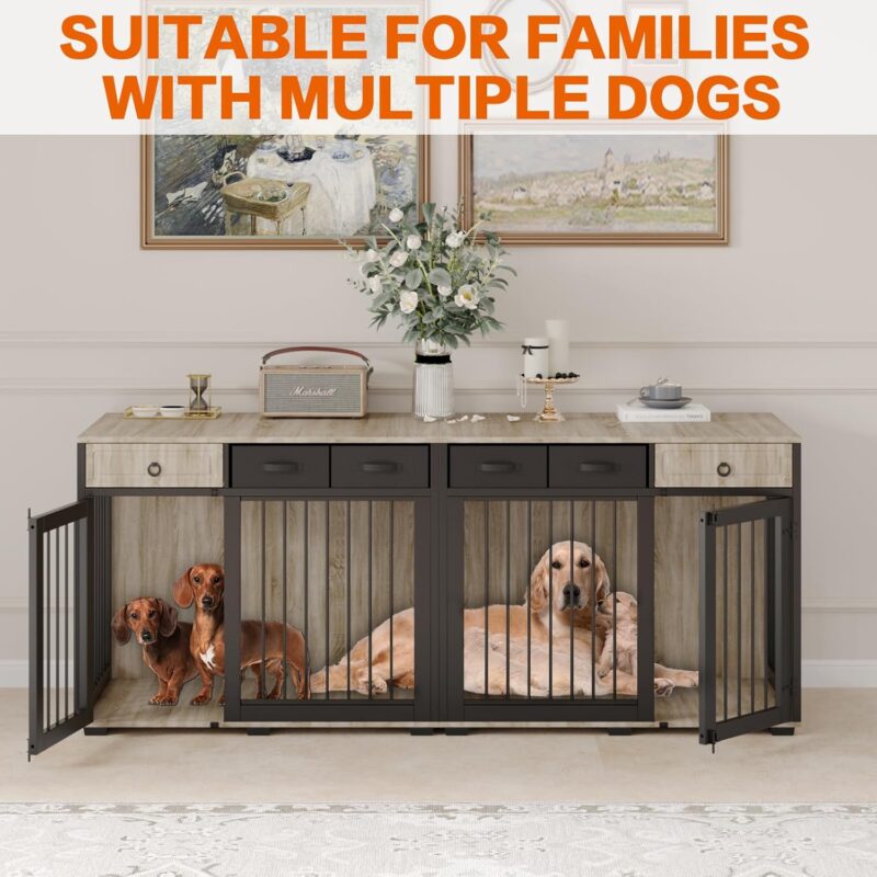 68" Dog Crate Furniture for 2 Dogs,Indoor L-Shaped Corner Wooden Furniture Style Combined Dog Crate Kennel with Fabric Drawers&Removable Divider for Small to Medium Dogs,Can Use Separately - Image 7