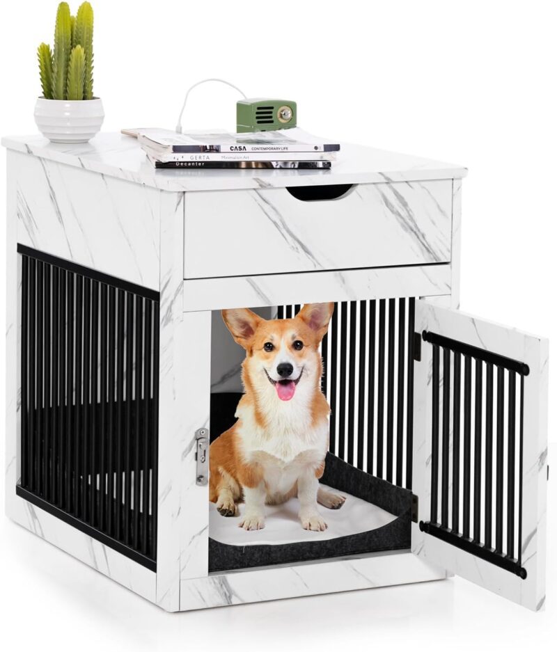 Giantex Dog Crate Furniture, Dog Kennel End Table with Chew-Proof Metal Fence, Lockable Door, Storage Drawer, Wired and Wireless Charging, Wooden Pet Cage Side Table Indoor (Marble White)