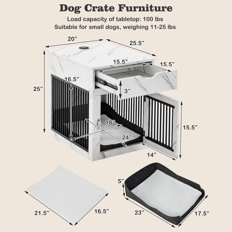 Giantex Dog Crate Furniture, Dog Kennel End Table with Chew-Proof Metal Fence, Lockable Door, Storage Drawer, Wired and Wireless Charging, Wooden Pet Cage Side Table Indoor (Marble White) - Image 7