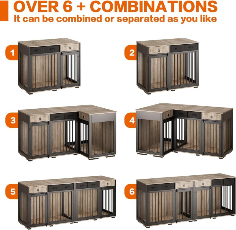 68" Dog Crate Furniture for 2 Dogs,Indoor L-Shaped Corner Wooden Furniture Style Combined Dog Crate Kennel with Fabric Drawers&Removable Divider for Small to Medium Dogs,Can Use Separately - Image 2