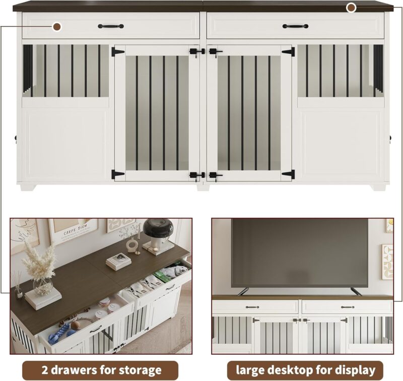 Dog Crate Furniture - Indoor Wood Dog Kennel Furniture 4 Doors with Divider and Drawers - 72"X23.6"X34.8"H, White - Image 6