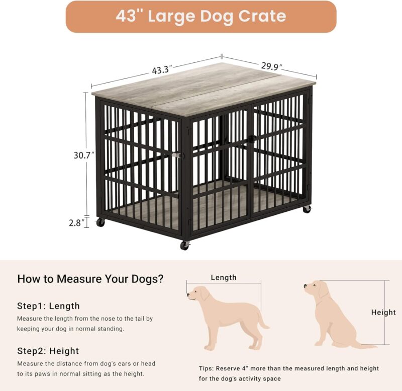 Dog Crate Furniture, 43.3 inch Wooden Iron Dog Kennel with Double Doors, Lift Top and Wheels, Heavy Duty Indoor Dog House for Small Medium Large Dogs, Chew-Resistant Dog Cage End Table, Grey - Image 6