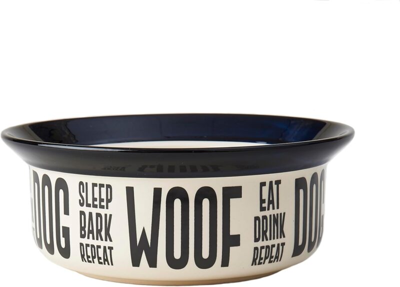 PetRageous 17001 Eat Drink Repeat Two-Tone Stoneware Dishwasher Safe Dog Bowl 4-Cup 8.18-Inch Diameter 3-Inch Tall for Medium and Large Dogs and Cats, Off-White, (Pack of 1)