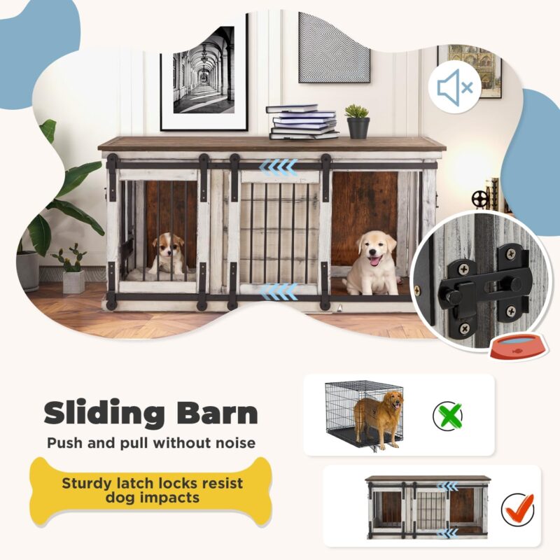 MELLCOM Large Wooden Dog Cage, Durable and Bite Resistant, Spacious with Dividers, Sliding Barn Door Design, White and Brown - Image 6