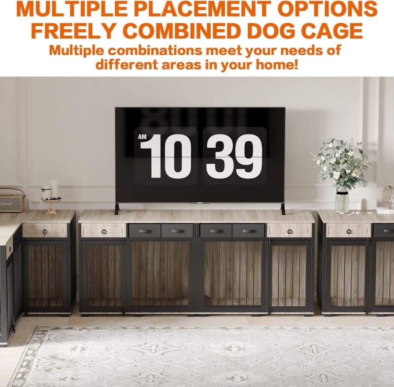 68" Dog Crate Furniture for 2 Dogs,Indoor L-Shaped Corner Wooden Furniture Style Combined Dog Crate Kennel with Fabric Drawers&Removable Divider for Small to Medium Dogs,Can Use Separately - Image 8