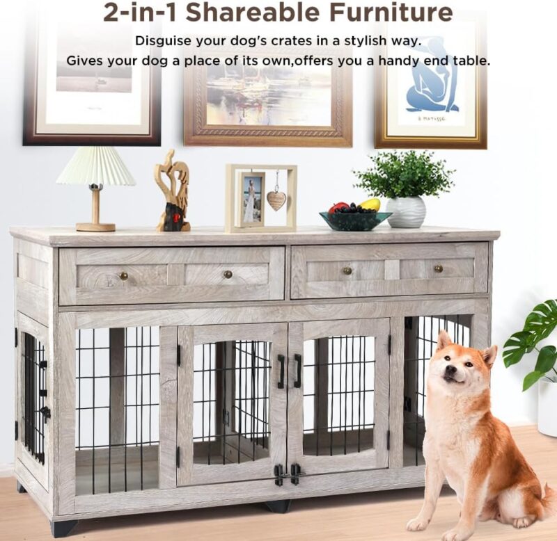 Dog Crate Furniture with Drawer,5 Doors Wooden Dog Kennel End Table with Large Capacity Drawers,Dog House with Openable Divider for Small/Medium/Large Dog,Dog Cage,Side End Table Grey - Image 2