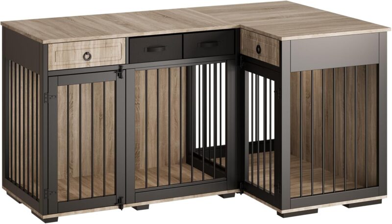 68" Dog Crate Furniture for 2 Dogs,Indoor L-Shaped Corner Wooden Furniture Style Combined Dog Crate Kennel with Fabric Drawers&Removable Divider for Small to Medium Dogs,Can Use Separately