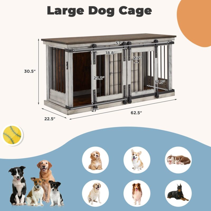 MELLCOM Large Wooden Dog Cage, Durable and Bite Resistant, Spacious with Dividers, Sliding Barn Door Design, White and Brown - Image 2