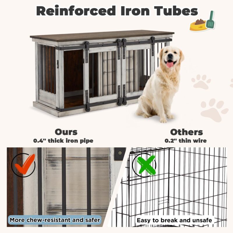 MELLCOM Large Wooden Dog Cage, Durable and Bite Resistant, Spacious with Dividers, Sliding Barn Door Design, White and Brown - Image 4