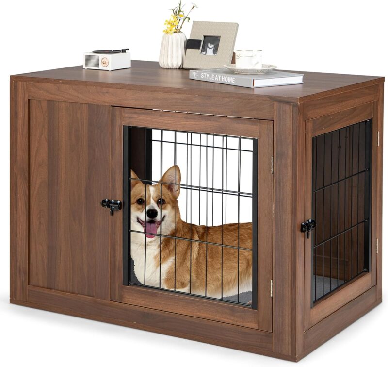 Tangkula Dog Crate Furniture, Pet Crate End Table with Cushion, Double Doors, Mesh, Indoor Dog Cage House, Wooden Dog Kennel for Small to Medium Sized Dogs (Brown)