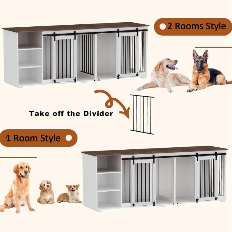 Large Dog Crate Furniture, 86.6" Wooden Dog Kennel for 2 Dogs with Shelves,Divider & Slidding Door, Indoor Heavy Duty Furniture Style Dog House w/Double Rooms for Large Medium Dogs, White - Image 3