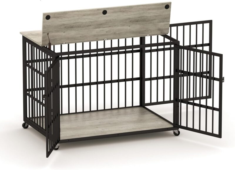 Dog Crate Furniture, 43.3 inch Wooden Iron Dog Kennel with Double Doors, Lift Top and Wheels, Heavy Duty Indoor Dog House for Small Medium Large Dogs, Chew-Resistant Dog Cage End Table, Grey - Image 8