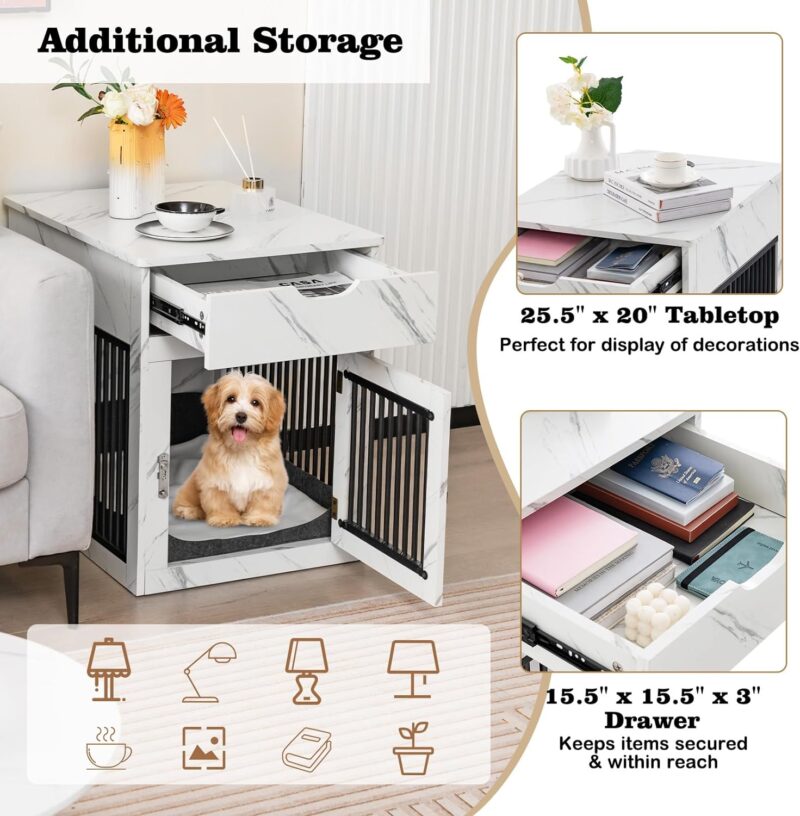 Giantex Dog Crate Furniture, Dog Kennel End Table with Chew-Proof Metal Fence, Lockable Door, Storage Drawer, Wired and Wireless Charging, Wooden Pet Cage Side Table Indoor (Marble White) - Image 3