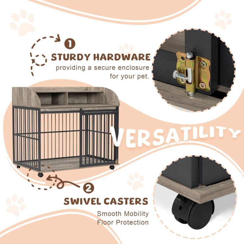 Merax 44” Heavy Duty Large Dog Crate Indoor Furniture, Wooden Metal Medium Kennel Pet Cage with Lockable Wheels & End Table Double Layer Storage, Grey - Image 4
