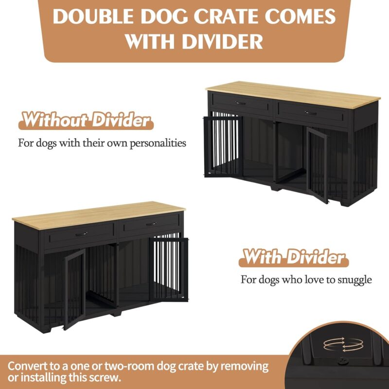 Dog Crate Furniture, 72.4” Wooden Dog Kennel, Modern Decorative Dog Crate End Table, Dog House with Double Doors, Drawers, Divider, Indoor Dog Cage for Large Medium Dogs, Black - Image 4