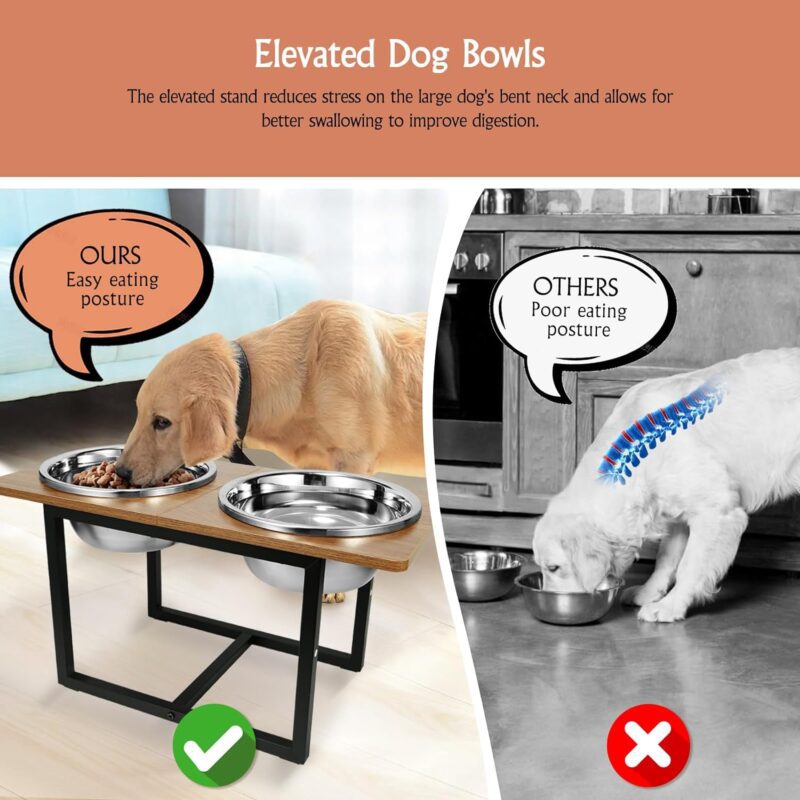 Elevated Dog Bowls for Large Dogs, Raised Dog Bowl Stand with Two X-Large Stainless Steel Dog Bowls for Extra Large Dogs, 3.5L Capacity, Rustic Walnut - Image 4