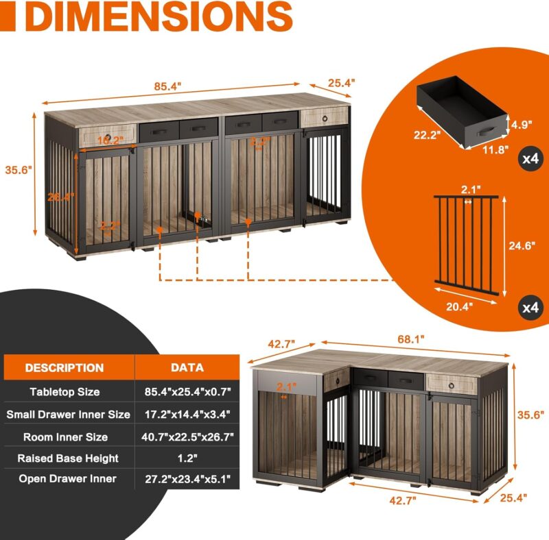 68" Dog Crate Furniture for 2 Dogs,Indoor L-Shaped Corner Wooden Furniture Style Combined Dog Crate Kennel with Fabric Drawers&Removable Divider for Small to Medium Dogs,Can Use Separately - Image 3