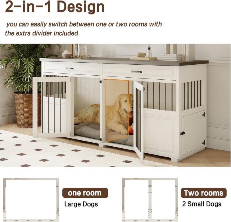 Dog Crate Furniture - Indoor Wood Dog Kennel Furniture 4 Doors with Divider and Drawers - 72"X23.6"X34.8"H, White - Image 3