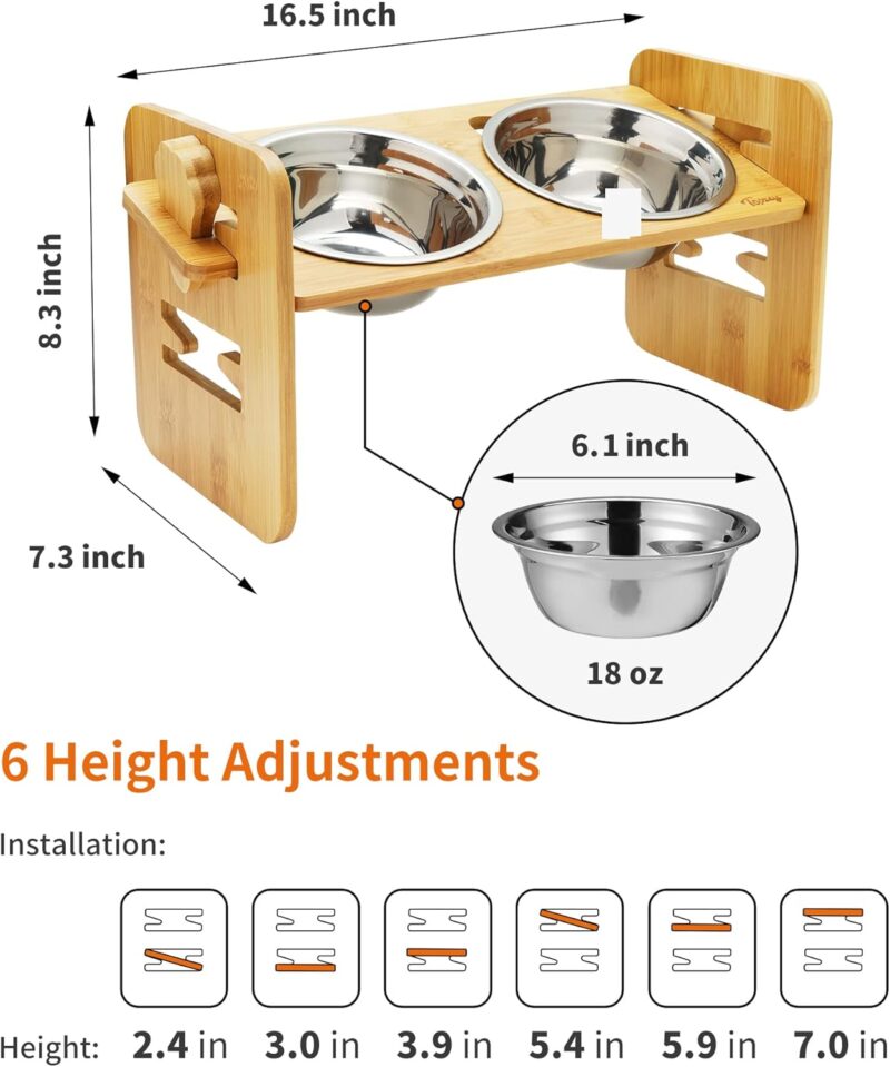 Toozey Elevated Dog Bowls, 6 Adjustable Heights and 15° Tilted Angle, Raised Dog Bowl Bamboo Stand with 3 Stainless Steel Bowls and Non-Slip Feet - Image 2