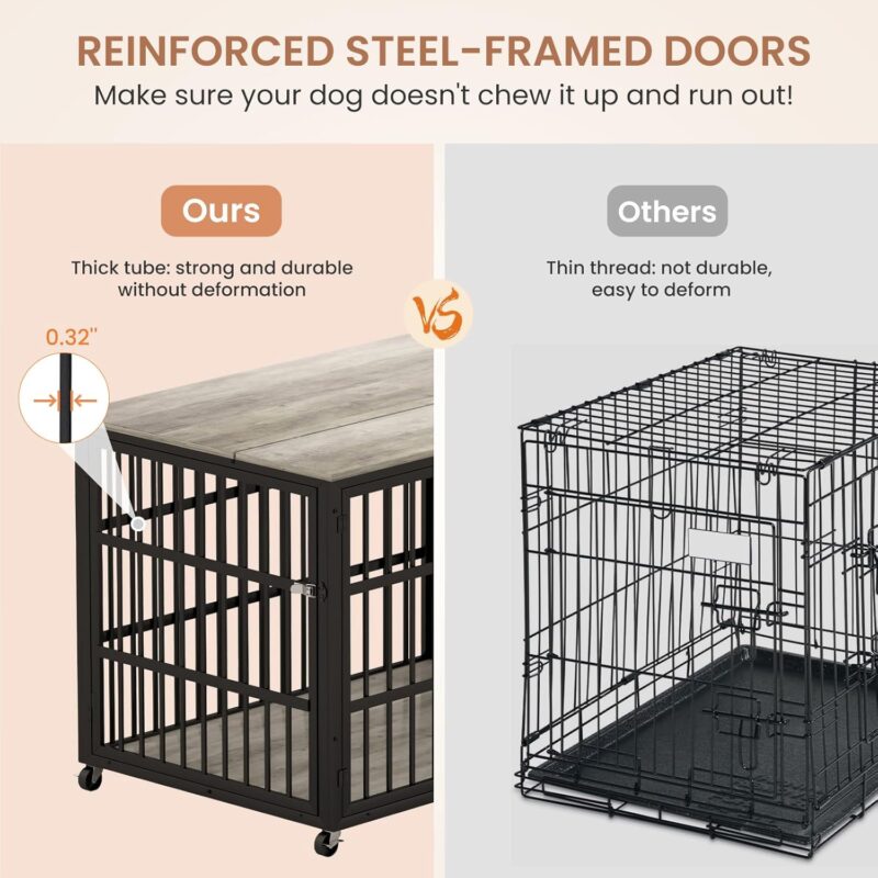 Dog Crate Furniture, 43.3 inch Wooden Iron Dog Kennel with Double Doors, Lift Top and Wheels, Heavy Duty Indoor Dog House for Small Medium Large Dogs, Chew-Resistant Dog Cage End Table, Grey - Image 3