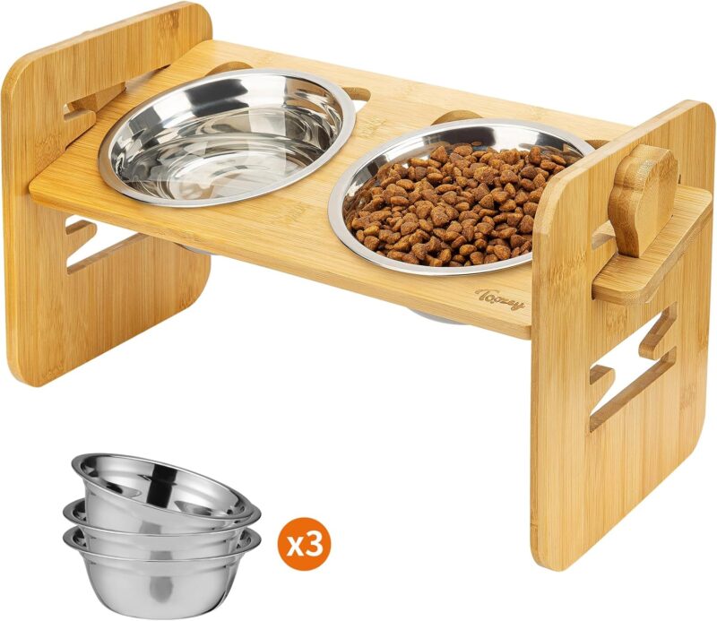 Toozey Elevated Dog Bowls, 6 Adjustable Heights and 15° Tilted Angle, Raised Dog Bowl Bamboo Stand with 3 Stainless Steel Bowls and Non-Slip Feet