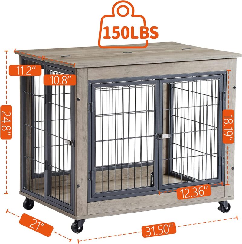 Wooden Dog Crate, 31.5 Inch Dog Kennel, Dog Cage Furniture, Indoor Double Door Cage, Kennel with Wheels - Image 3