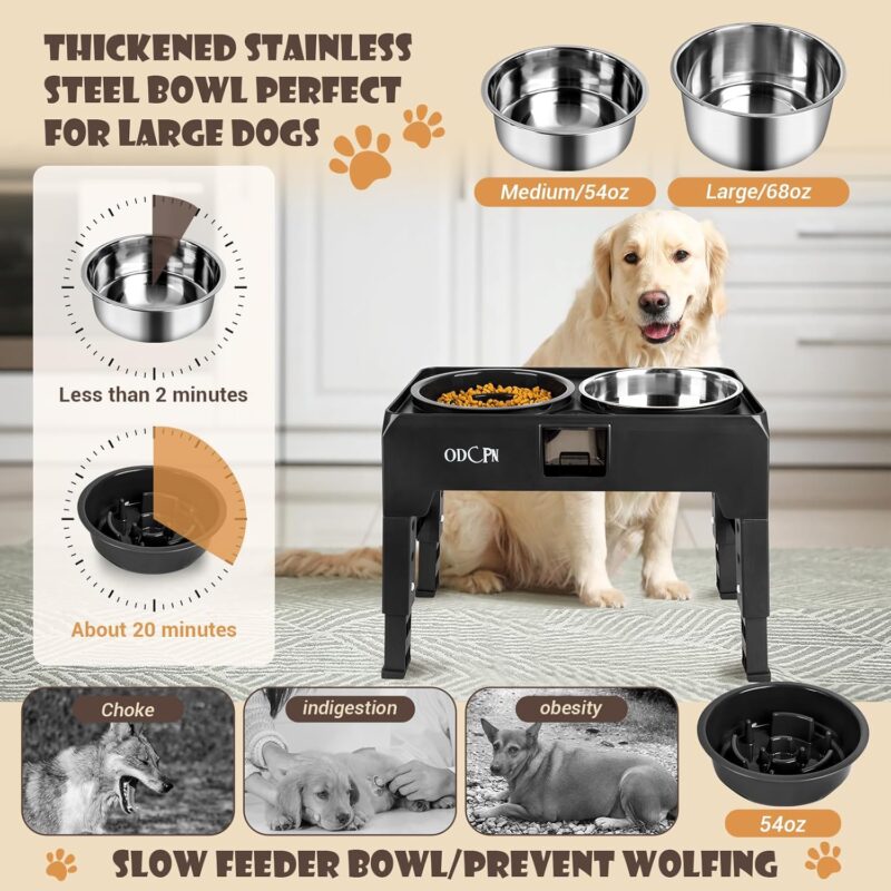 Elevated Slow Feeder Dog Bowls, 6 Height Adjustable Raised Dog Bowls with 2 Stainless Steel & 1 Slow Feeder Dog Food Bowls, Non-Slip Dog Food Stand with Catchment Drawer Design for Large Medium Dogs - Image 4