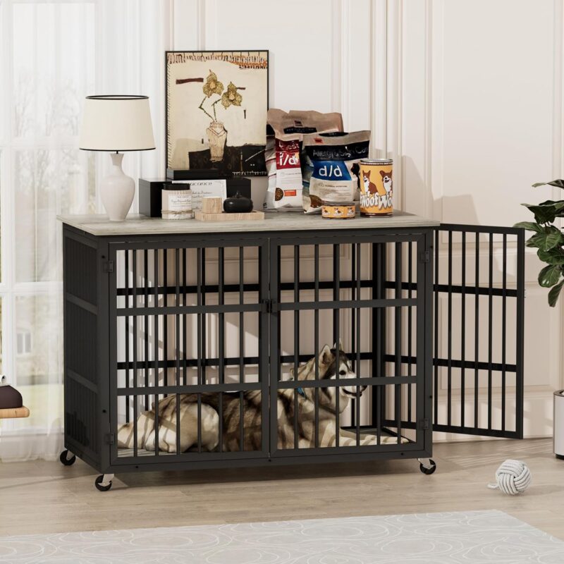 Dog Crate Furniture, 43.3 inch Wooden Iron Dog Kennel with Double Doors, Lift Top and Wheels, Heavy Duty Indoor Dog House for Small Medium Large Dogs, Chew-Resistant Dog Cage End Table, Grey