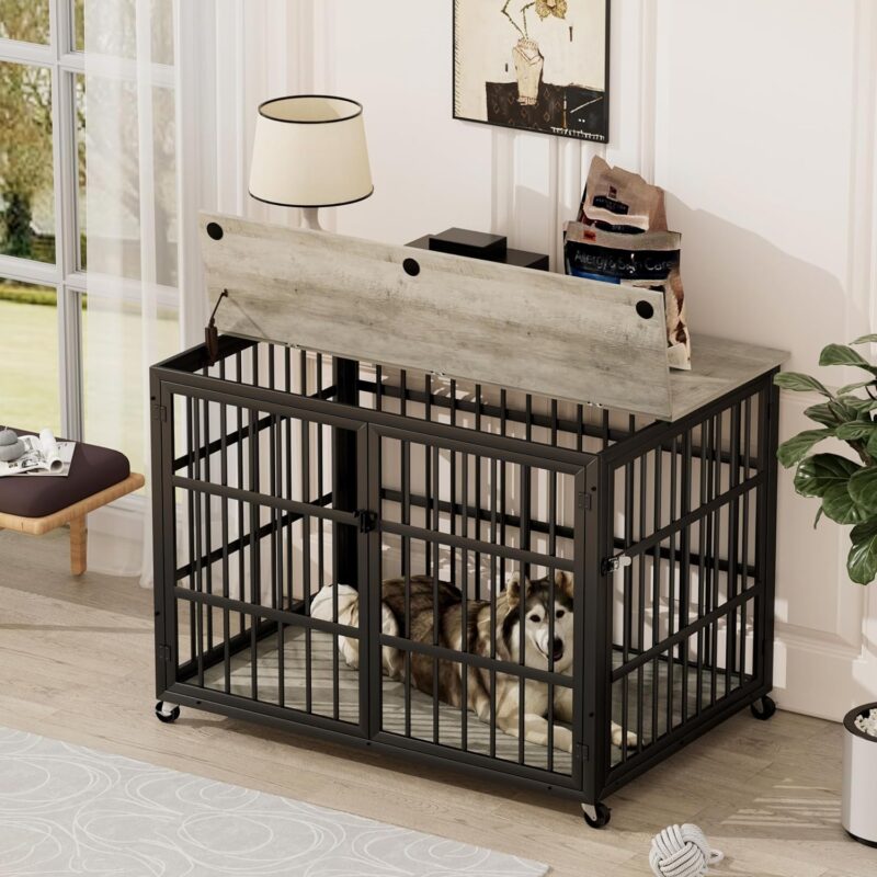 Dog Crate Furniture, 43.3 inch Wooden Iron Dog Kennel with Double Doors, Lift Top and Wheels, Heavy Duty Indoor Dog House for Small Medium Large Dogs, Chew-Resistant Dog Cage End Table, Grey - Image 7