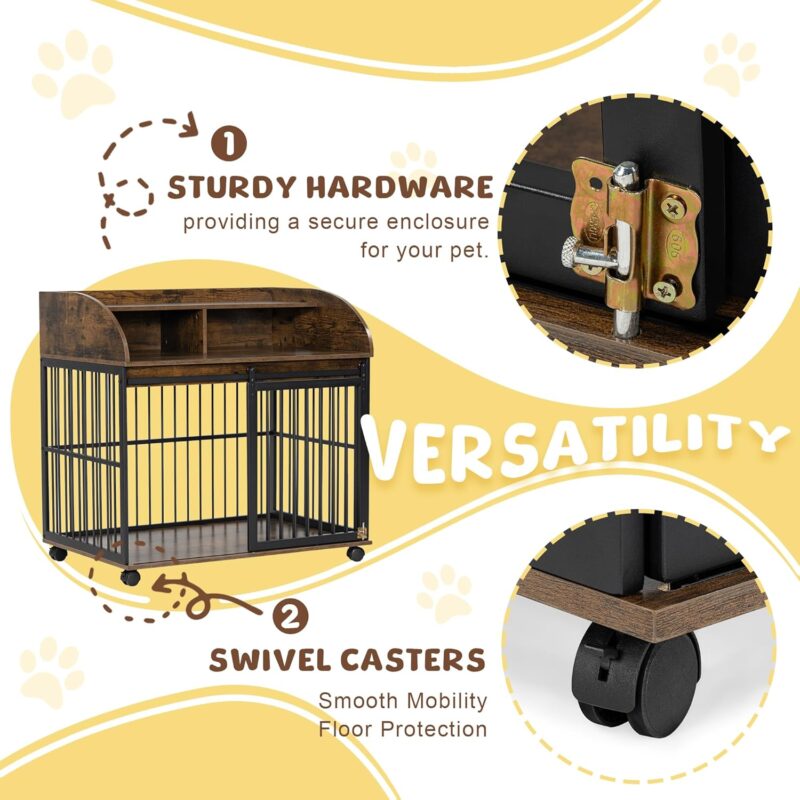 Furniture Style Dog Crate, 38" L Metal Dog Crate with Slide Door, 2 Layer Storage Shelf and Lockable Wheels, Wooden Side End Table Dog Crate Dog Kennel for Small Medium Dogs (Classic Brown) - Image 3