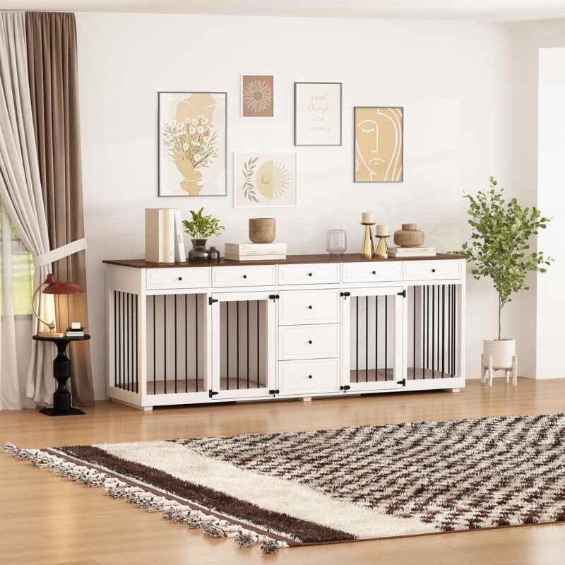 Large Double Dog Crate Furniture, 89" Wooden Dog Crate Kennel Furniture with 8 Drawers, XXL Heavy Duty Dog Crates Cage Furniture for 2 Medium or Large Dogs Indoor, White - Image 3