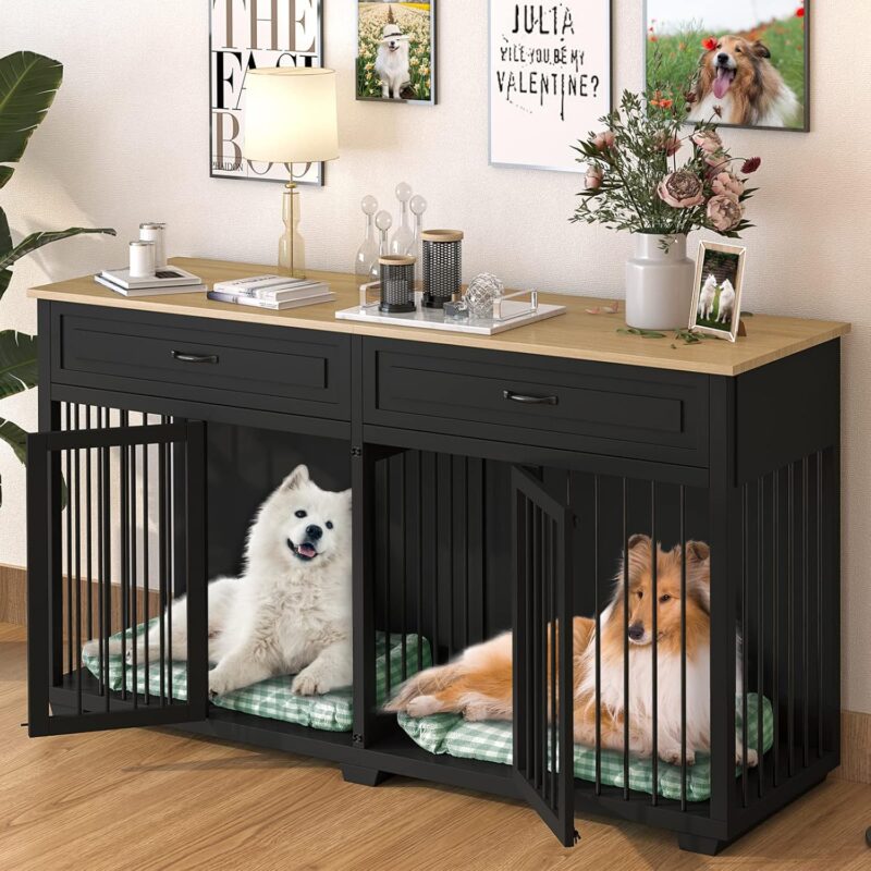 Dog Crate Furniture, 72.4” Wooden Dog Kennel, Modern Decorative Dog Crate End Table, Dog House with Double Doors, Drawers, Divider, Indoor Dog Cage for Large Medium Dogs, Black