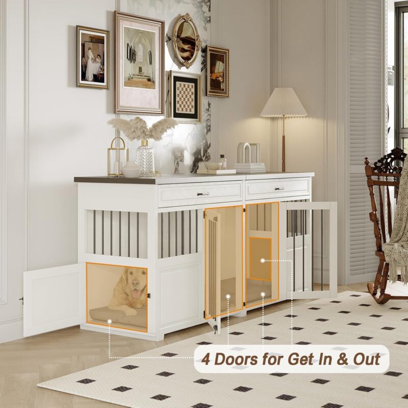 Dog Crate Furniture - Indoor Wood Dog Kennel Furniture 4 Doors with Divider and Drawers - 72"X23.6"X34.8"H, White - Image 4