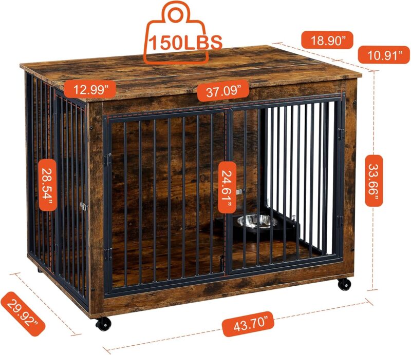 Indoor Wooden Dog Crate Furniture Side Table, Dogs Kennel with Feeding Bowl and Flip Up Top Opening, Three Doors, DogHouse for living room - Image 3