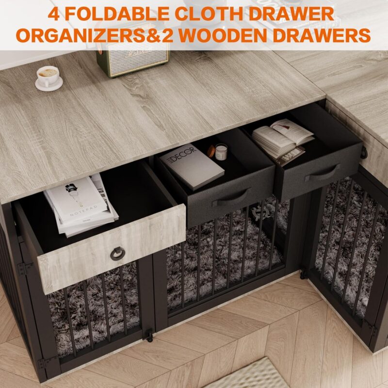 68" Dog Crate Furniture for 2 Dogs,Indoor L-Shaped Corner Wooden Furniture Style Combined Dog Crate Kennel with Fabric Drawers&Removable Divider for Small to Medium Dogs,Can Use Separately - Image 5