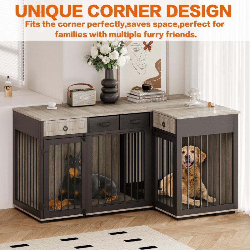 68" Dog Crate Furniture for 2 Dogs,Indoor L-Shaped Corner Wooden Furniture Style Combined Dog Crate Kennel with Fabric Drawers&Removable Divider for Small to Medium Dogs,Can Use Separately - Image 6