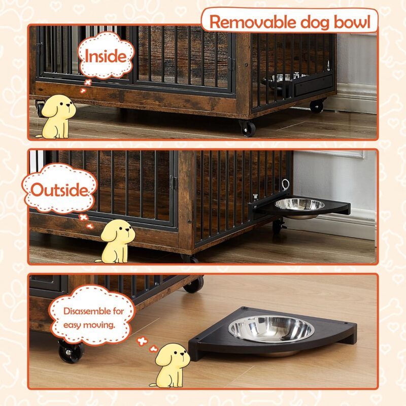 Indoor Wooden Dog Crate Furniture Side Table, Dogs Kennel with Feeding Bowl and Flip Up Top Opening, Three Doors, DogHouse for living room - Image 6
