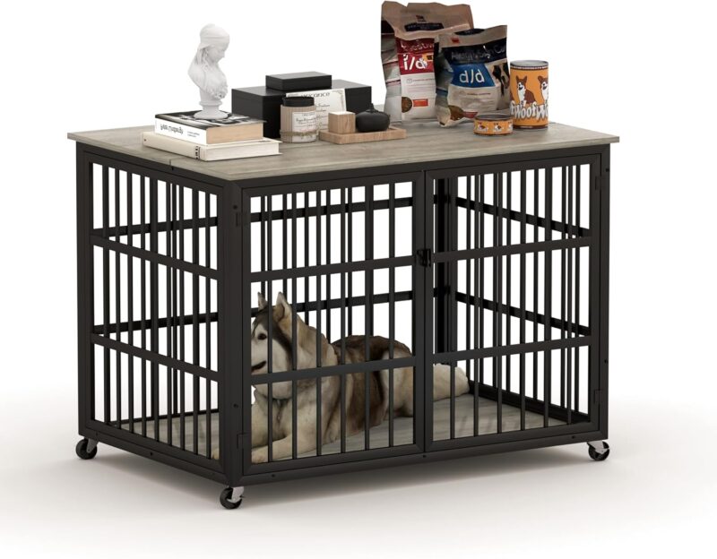 Dog Crate Furniture, 43.3 inch Wooden Iron Dog Kennel with Double Doors, Lift Top and Wheels, Heavy Duty Indoor Dog House for Small Medium Large Dogs, Chew-Resistant Dog Cage End Table, Grey - Image 9