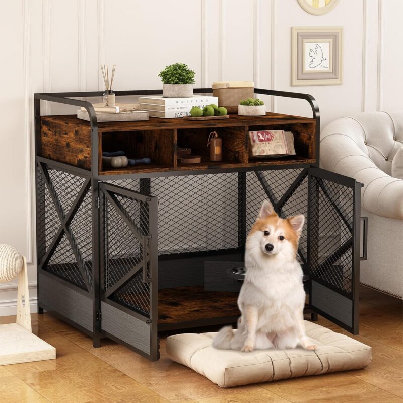 Wooden Dog Crate Furniture, 39'' L Dog Kennel Indoor for Large & Medium Dog, Heavy Duty Dog House with 360°Swivel Dog Bowls, Dog Furniture, Chew-Resistant Dog Cage, End Table, Rustic Brown - Image 8