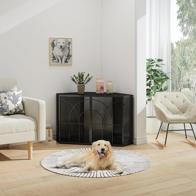 Corner Dog Crate Furniture Dog Cage Dog Kennel Dog House Pet Crate Side End Table with Tempered Glass Doors for Living Room Hallway Study, Black - Image 3